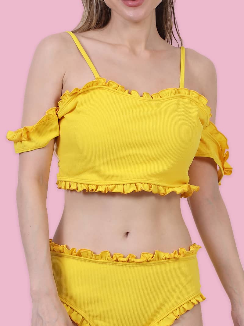 Strappy Camisole Top & Bottom Swimwear In Solid Yellow | Bold & Bae Fashion