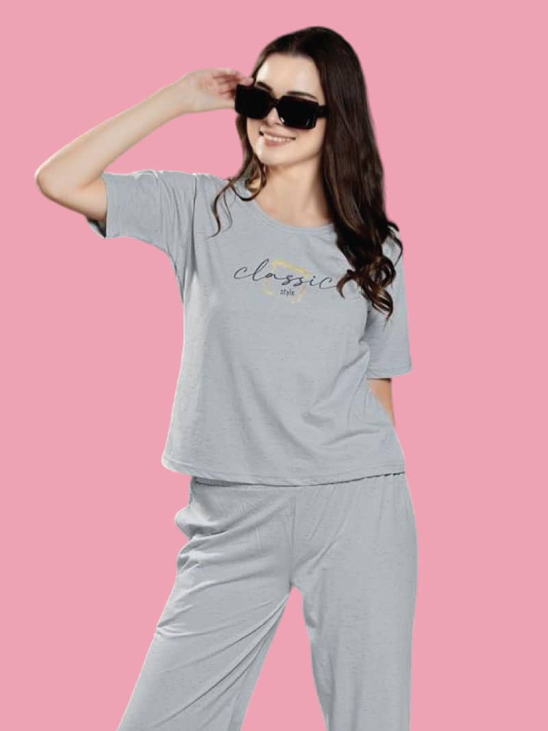 Cotton Printed T-Shirt & Pyjama Set In Grey | Bold & Bae Fashion