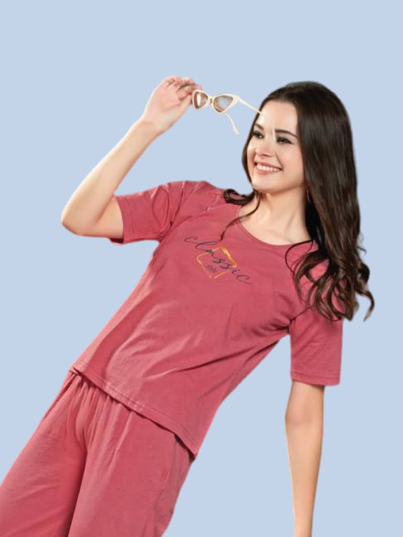 Cotton Printed T-Shirt & Pyjama Set In Red | Bold & Bae Fashion