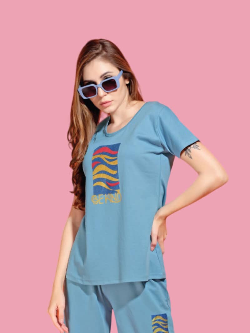 Cotton Printed T-Shirt & Pyjama Set In Blue | Bold & Bae Fashion