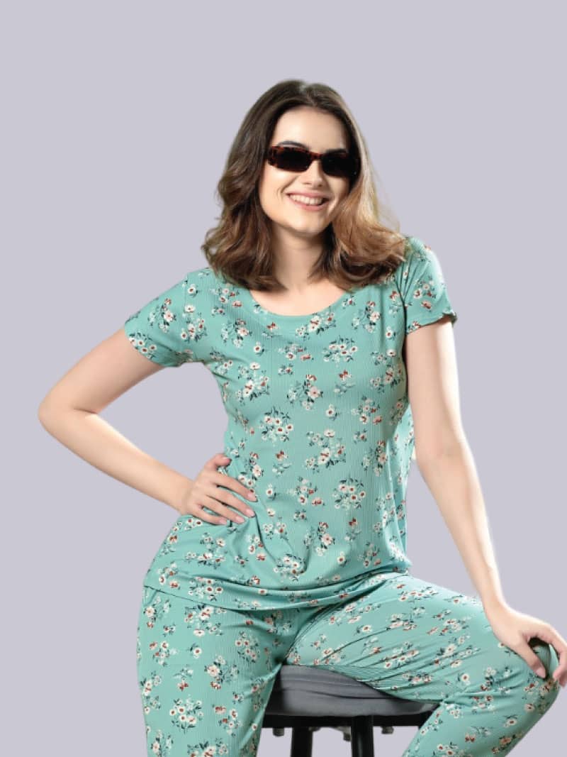 Women's Cotton Rayon Printed Stylish Top & Pyjama Set In Turquoise green | Bold & Bae Fashion
