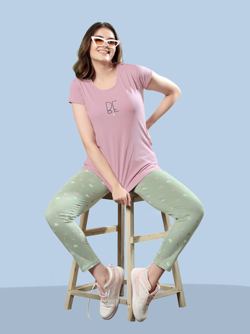 Cotton Printed T-shirt & Pyjama Set In Pink Green | Bold & Bae Fashion