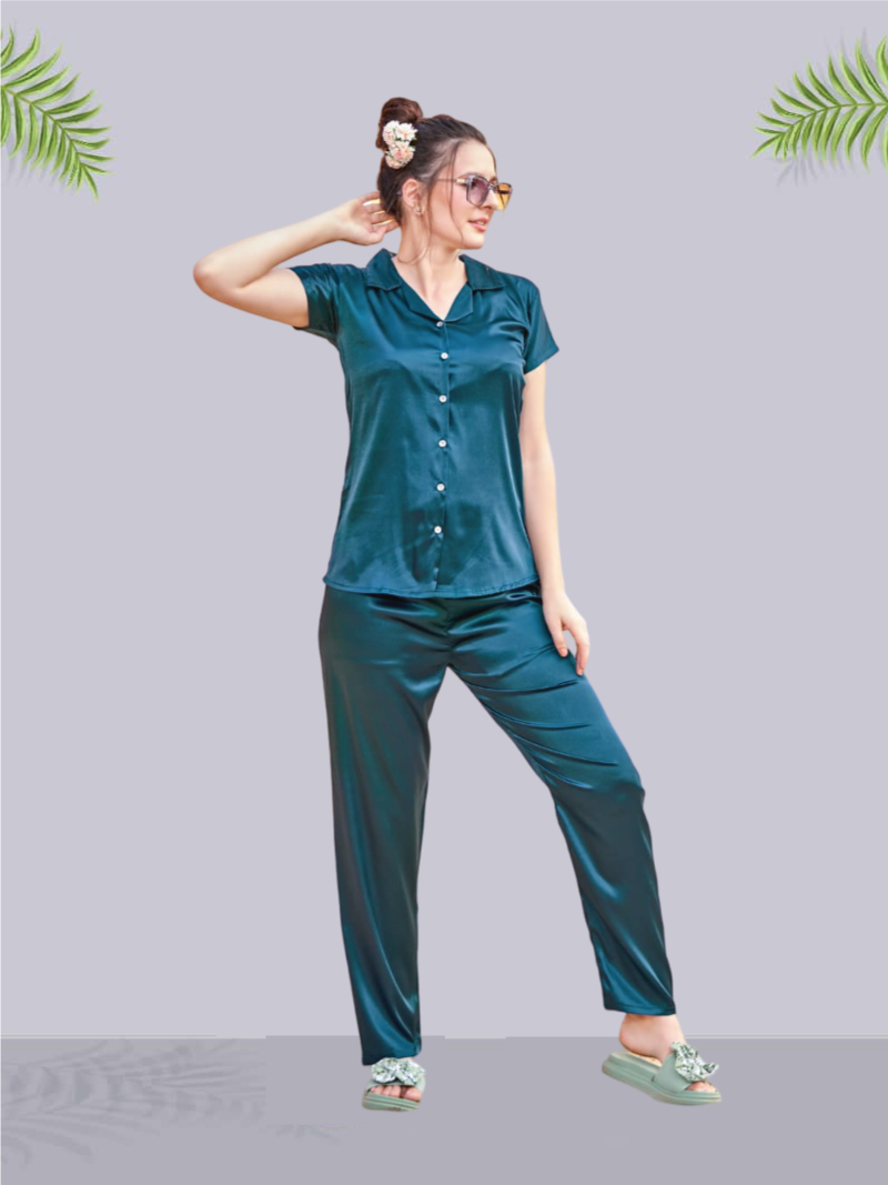 Satin Shirt & Lounge Pant Night Suit In Blue | Bold & Bae Fashion