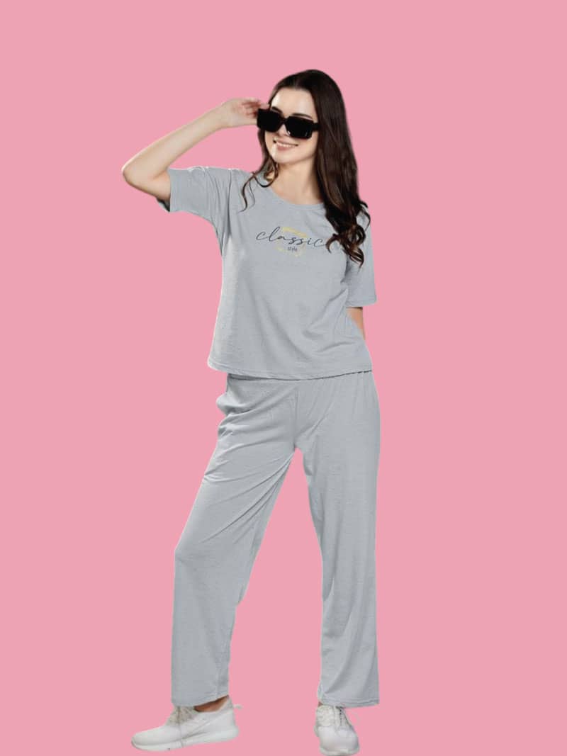 Cotton Printed T-Shirt & Pyjama Set In Grey | Bold & Bae Fashion
