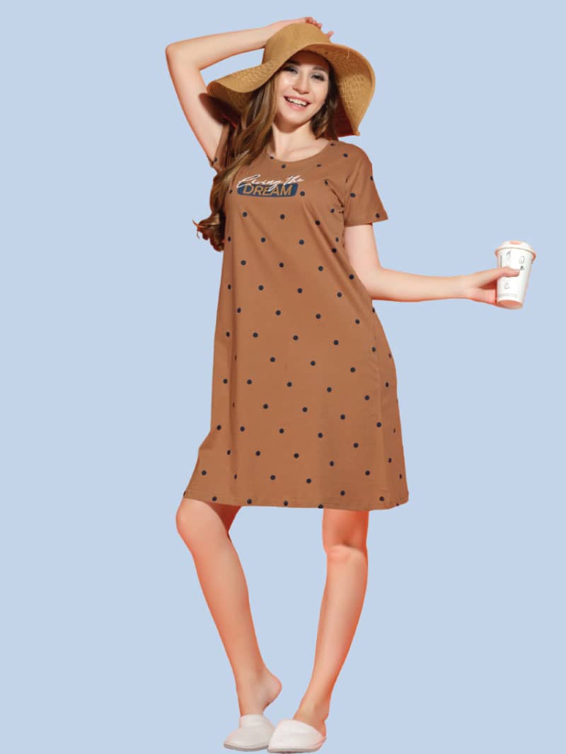 Cotton Printed Short Night Dress In Brown | Bold & Bae Fashion