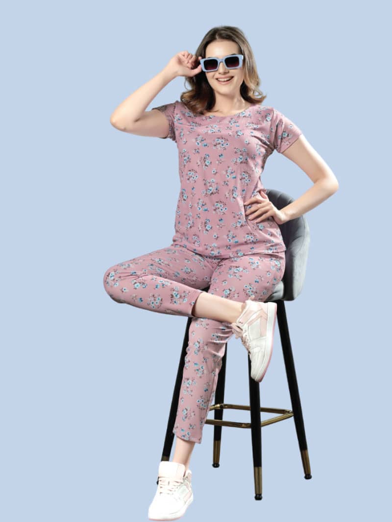 Women's Cotton Rayon Printed Stylish Top & Pyjama Set In Pink | Bold & Bae Fashion